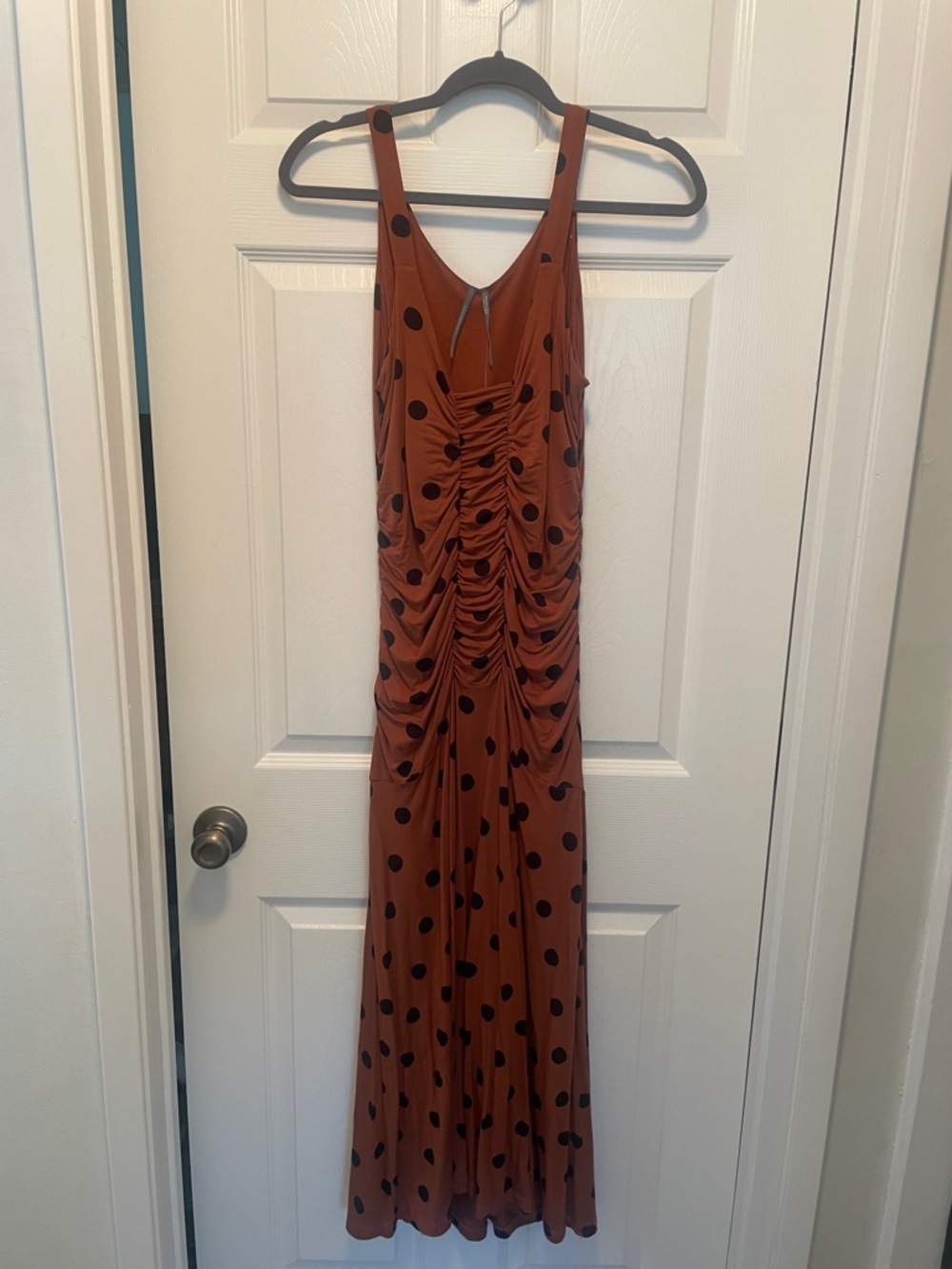NWT Anthropologie Polka Dot Ruched Midi Dress, Size XS - Picture 5 of 12